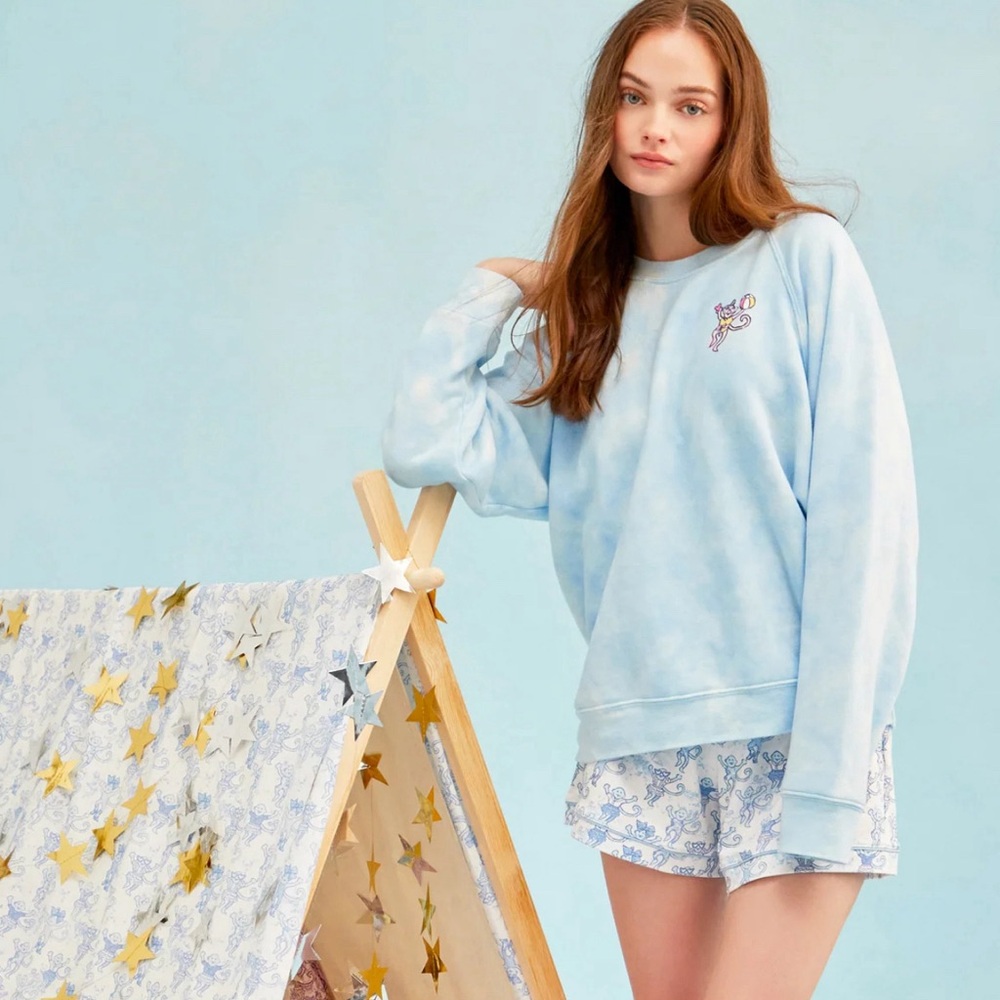 Roller Rabbit X LoveShackFancy Fun In The Sun Blue Monkey Sweatshirt Medium NWT